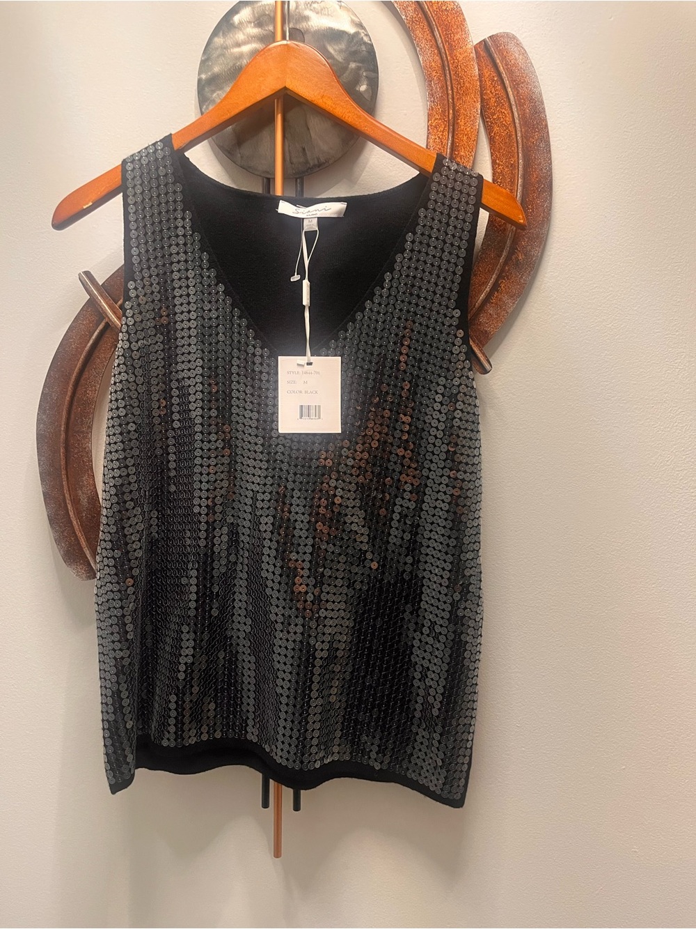 Sleeveless Black Sequin V-Neck Tank Top M